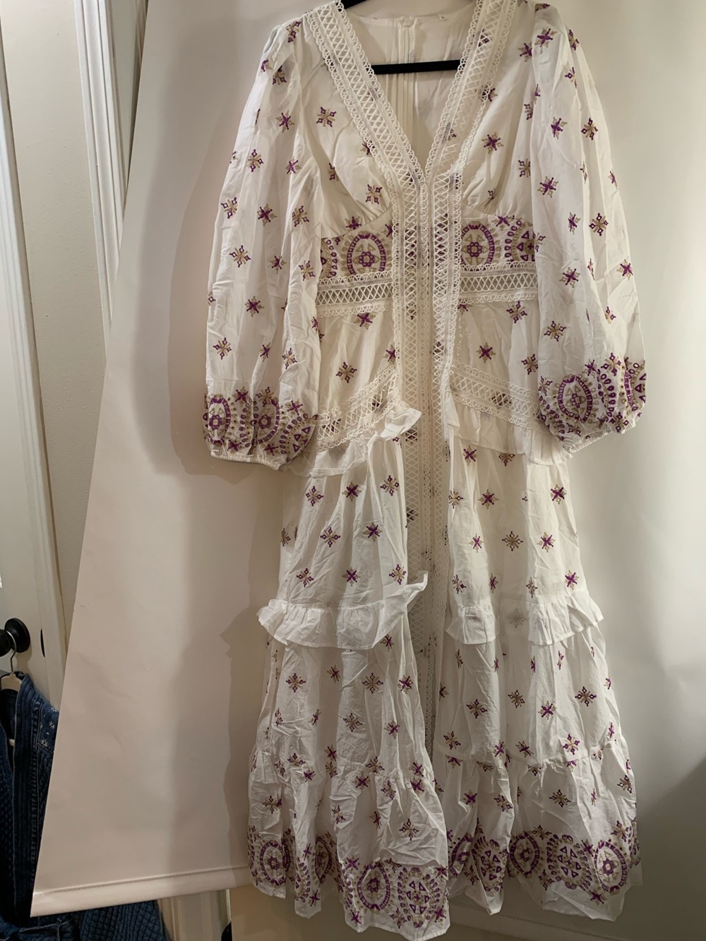 Embroidered White Maxi Dress with Purple and Gold Accents